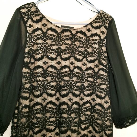 R&M Richards Black Stretch Lace Illusion Dress Sequins Sheer 3/4 Sleeves Size 14 - Picture 3 of 11